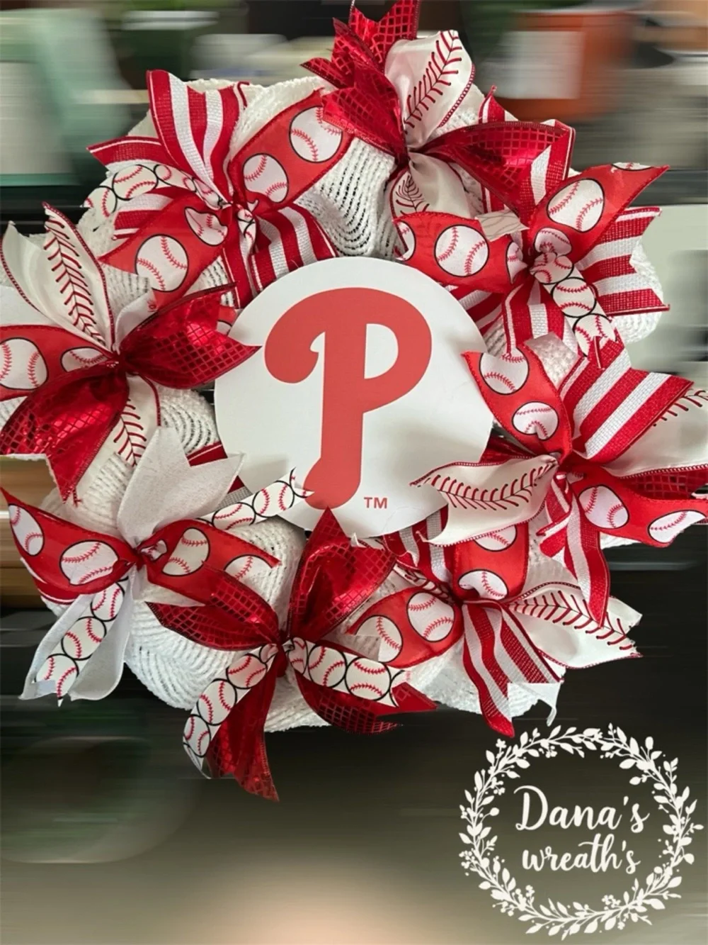 Philadelphia Phillies Red and White Baseball Ribbon Wreath - Team Decor